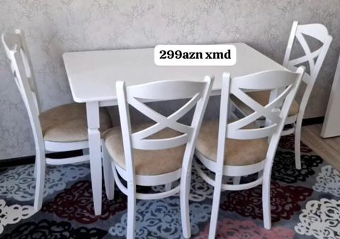 Ağ rəngdə yemək otağı dəsti: - 1 ədəd düzbucaqlı masa və 4 ədəd stul — Bakı