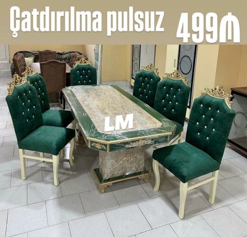 Yemək dəsti – 1 masa + 6 stul - Klassik üslubda, zərif qızılı dekorlu — Mehdiabad