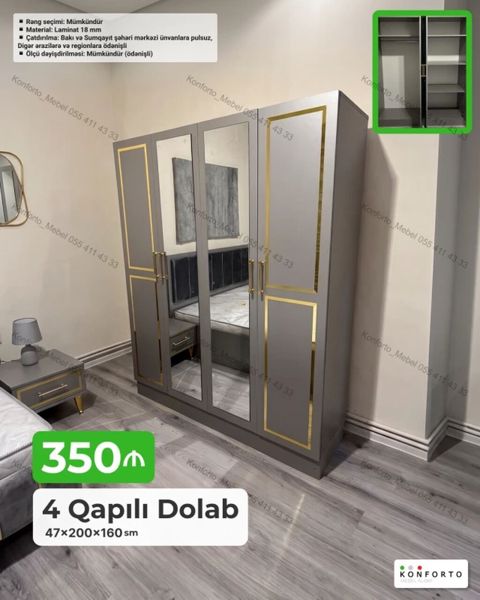 4 qapılı geyim dolabı - Ölçü: 47×200×160 sm - Korpus: 18 mm laminat — Bakı