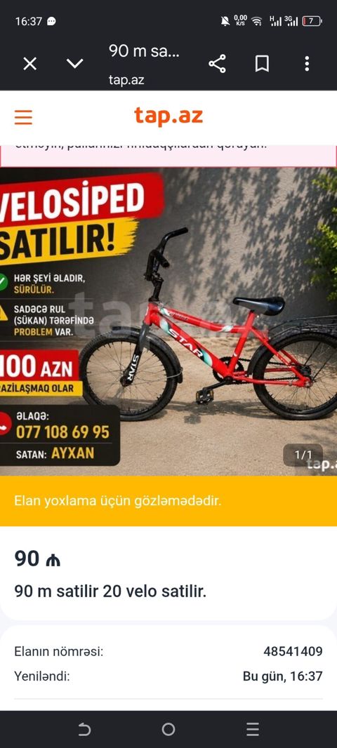 Velosiped – Star, 20 düym təkər ölçüsü, uşaq/yeniyetmə üçün uyğun — Bakı