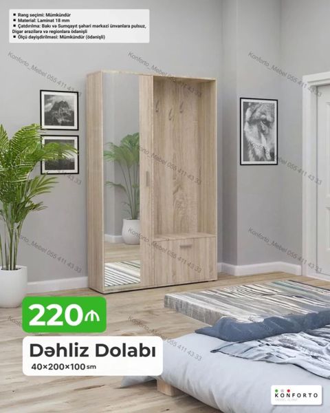 Dəhliz dolabı – 40×200×100 sm - Dizayn: Təbii ağac teksturalı korpus — Bakı