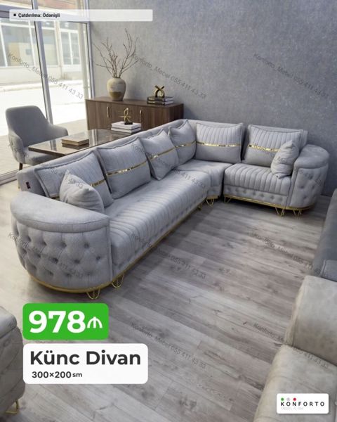 Künc divan – 300×200 sm - Rəng: Açıq boz - Dizayn: Kapitone yan — Bakı