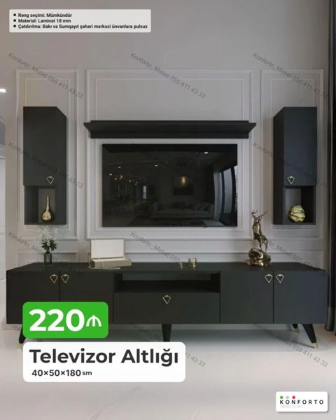 Televizor altlığı dəsti – 40×50×180 sm - Modern dizayn, mat qara — Bakı
