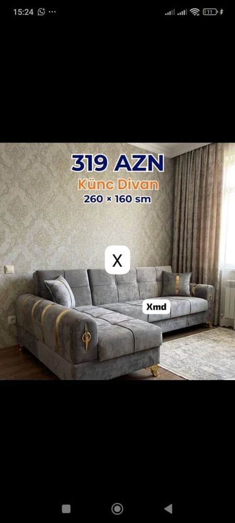 Künc divan – 260 160 sm - Model: künc (L-şəkilli) divan - Ölçü: 260 — Bakı