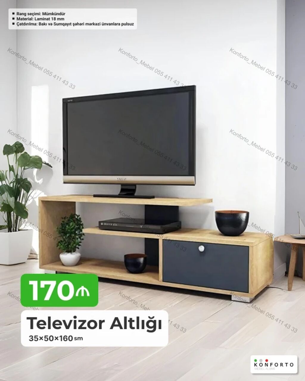 Televizor altlığı Ölçülər: 35 50 160 sm Material: 18 mm laminat — Mebel, Bakı