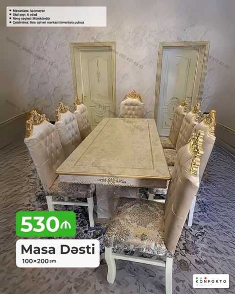 Masa dəsti – 100×200 sm - Komplekt: 1 ədəd düzbucaqlı masa + 6 ədəd — Bakı