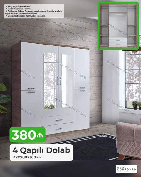 4 qapılı paltar dolabı – 47×200×160 sm Xüsusiyyətlər: - Material: 18 — Bakı
