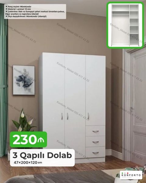 3 qapılı paltar dolabı - Ölçü: 47×200×120 sm - Material: 18 mm — Bakı