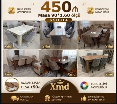 Yemək otağı dəsti – masa və 6 stul - Masa ölçüsü: 90 160 sm — Bakı