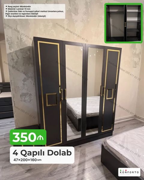 4 qapılı paltar dolabı – dəbli qara-qızılı dizayn, mərkəzdə güzgülü — Bakı