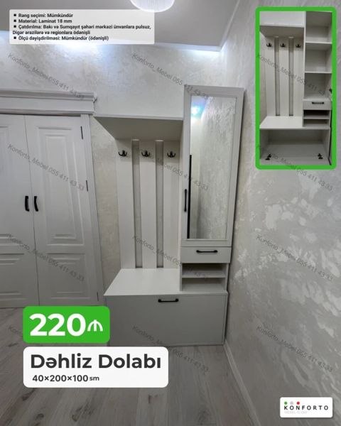 Dəhliz dolabı – 40×200×100 sm - Model: Asma paltar çəngəlləri — Bakı