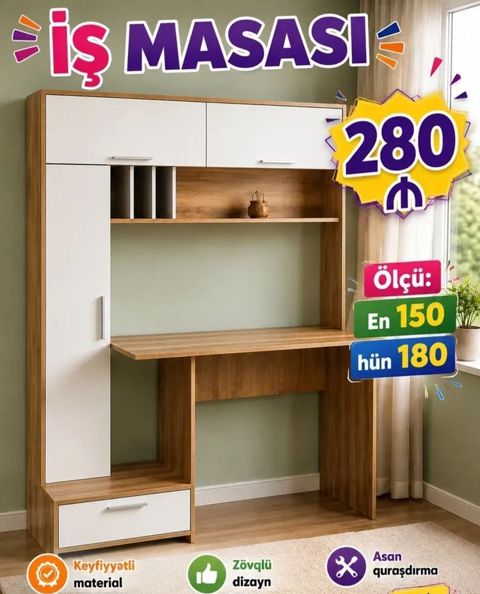 İş masası – funksional və zövqlü dizayn - Ölçü: en 150 sm, hündürlük — Bakı