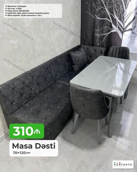 Masa Dəsti – 70×120 sm - Komplekt: düzbucaqlı masa + künc divan və 4 — Bakı