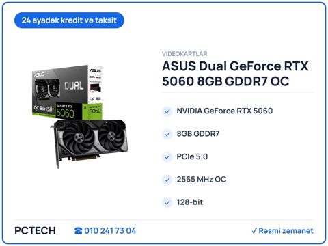 ASUS Dual GeForce RTX 5060 8GB GDDR7 OC Edition (DUAL-RTX5060-O8G) — Bakı