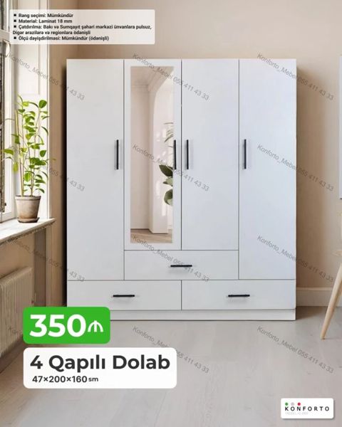 4 qapılı paltar dolabı - Ölçü: 47 200 160 sm - Material: 18 mm — Bakı