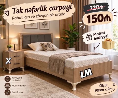 Tək nəfərlik çarpayı – rahatlıq və zövq bir arada - Ölçü: 90 sm x 2 — Bakı