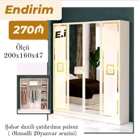 Güzgülü paltarsaxlama şkafı - Ölçü: 200 x 160 x 47 sm - 4 qapılı — Bakı