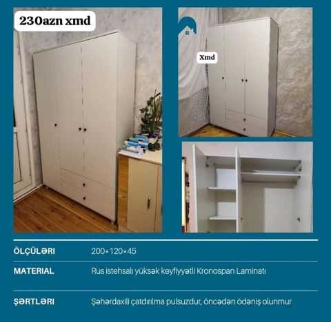 Ağ rəngli üç qapılı paltar dolabı - Ölçülər: 200 120 45 sm — Bakı