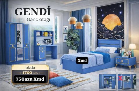 Gendi gənc otağı dəsti - Rəng: mavi, qızılı detallar - Tərkib: - 2 — Bakı