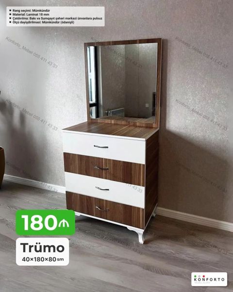 Trümo – 40×180×80 sm - Dizayn: İri kvadrat güzgülü, 4 çekmecəli, ağ — Bakı