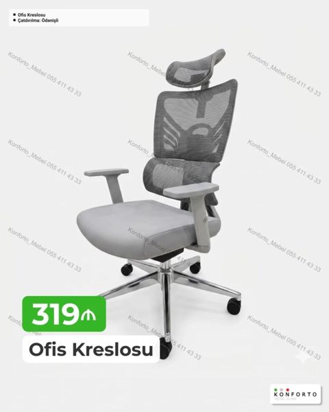 Ofis kreslosu – ergonomik dizaynlı, boz rəng. - Tənzimlənən başlıq və — Bakı