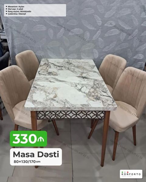 Masa dəsti – 4 stul ilə - Masa ölçüsü: 80×130/170 sm (açılan — Bakı