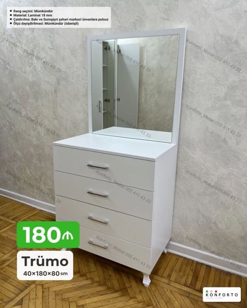Trümo – 40×180×80 sm - Ağ rəngdə, minimalist dizayn - Geniş güzgü — Bakı