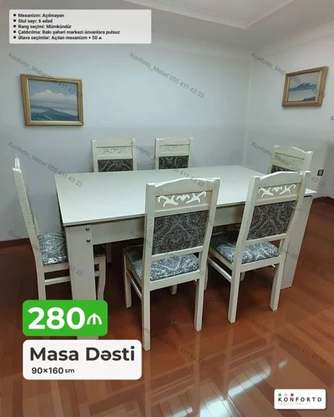 Masa dəsti – 6 stullu Ölçü: 90×160 sm Mekanizm: Açılmayan (əlavə seçim — Bakı