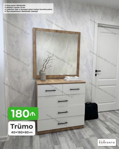 Trümo – 40×180×80 sm - Dizayn: Ağ ön panellər və ağac teksturalı — Bakı
