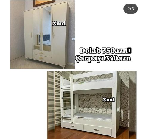 Ağ rəngdə mebel dəsti - 3 qapılı paltar dolabı: orta hissədə iki ədəd — Bakı