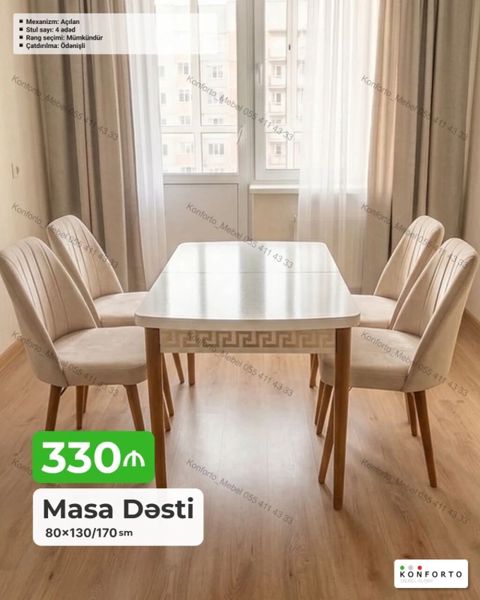 Masa Dəsti – açılan mexanizmli - Komplekt: 1 masa + 4 stul - Ölçü — Bakı