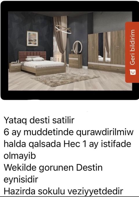 Yataq otağı dəsti Tərkibi: - 2 nəfərlik yataq çarpayısı (başlıqla) — Pirəkəşkül