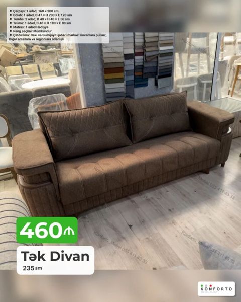 Tək divan – 235 sm - Rahat, yumşaq oturacaq və arxalıq; iri ölçülü — Bakı