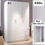 Ağ rəngli üç qapılı paltar şkafı. Sağ tərəfdə 3 çekmece və əlavə rəf — Furniture