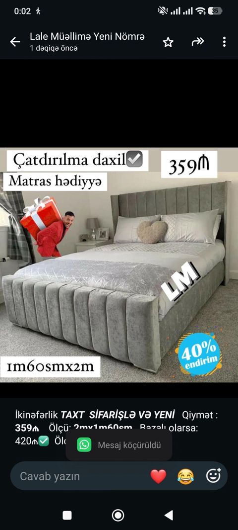 İkinəfərlik _*Taxt*_ _*Sifarişlə VƏ Yeni*_ Qiymət *359₼* Ölçü — Bakı