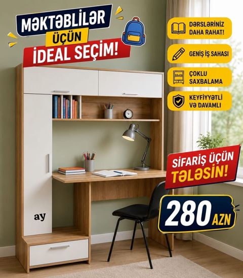 Məktəblilər üçün ideal seçim – funksional iş masası və rəf sistemi — Bakı