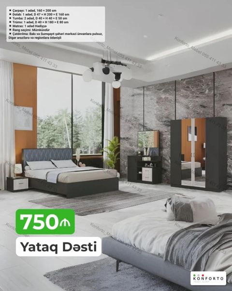 Yataq Dəsti – 750₼ Tərkib və ölçülər: - Çarpayı: 1 ədəd, 160 200 sm — Bakı
