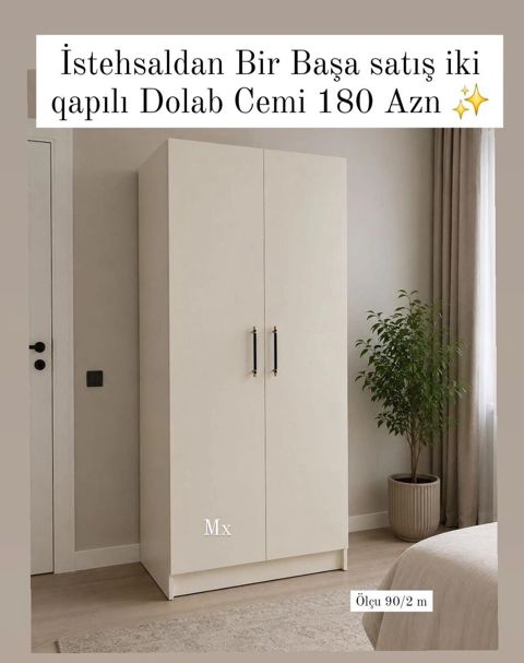 İki qapılı dolab - Minimalist dizayn, açıq krem rəng - Düz xətlər — Bakı