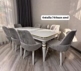 Yemək otağı dəsti – 6 stul + masa - Rəng: ağ masa, boz məxmər — Мебель