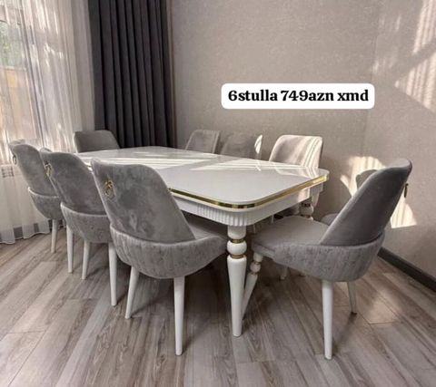 Yemək otağı dəsti – 6 stul + masa - Rəng: ağ masa, boz məxmər — Bakı