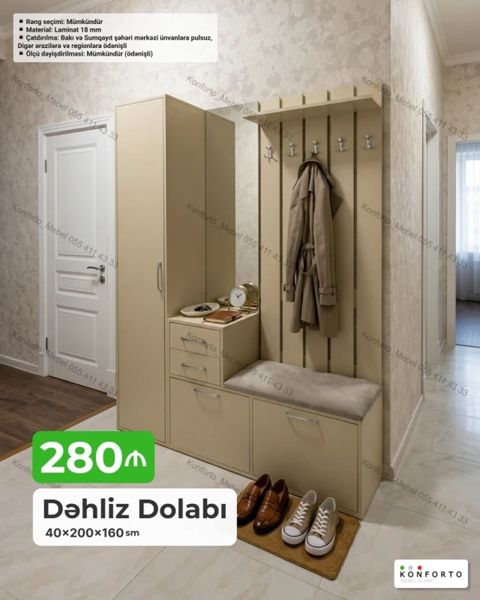 Dəhliz Dolabı – 40×200×160 sm - Komplekt: qarderob şkafı, asılqan — Bakı