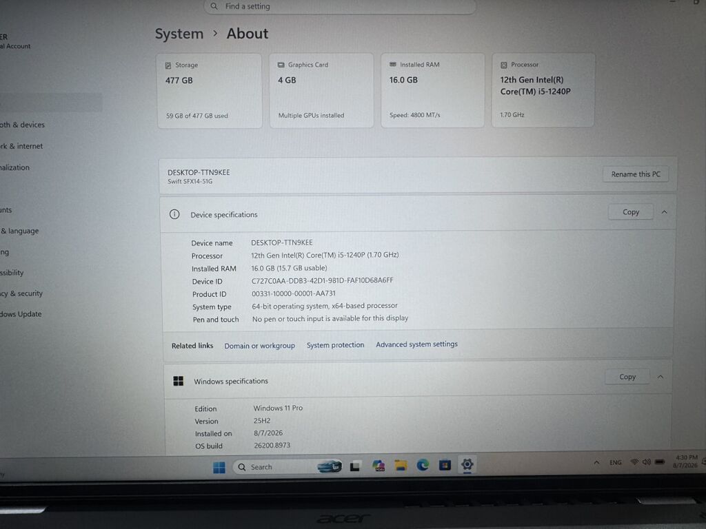 İşlənmiş Acer Swift, 14 Intel Core i5, 512 GB, Ünvandan götürmə — Acer, Bakı (8)