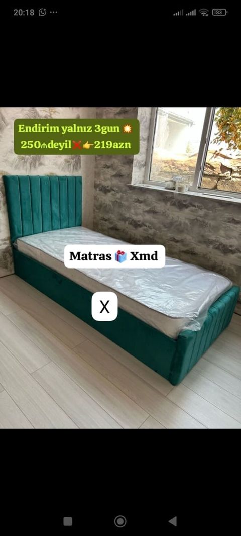 Tək nəfərlik çarpayı – yumşaq məxməri parça ilə üzlənmiş, dik şaquli — Bakı