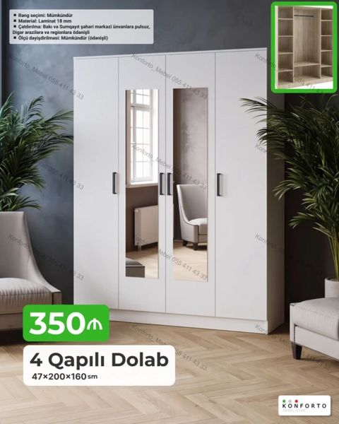 4 qapılı dolab - Ölçü: 47 200 160 sm - Material: 18 mm laminat — Bakı