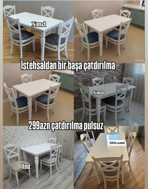 Mətbəx üçün ağ rəngdə süfrə dəsti – 1 masa + 4 stul - Klassik — Bakı