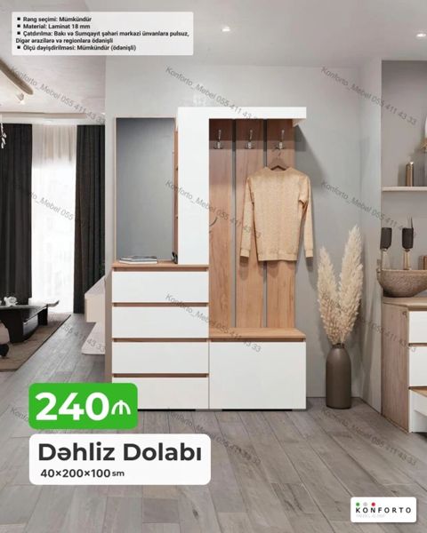 Dəhliz dolabı – 40×200×100 sm - Müasir dizayn: ağ və ağac — Bakı