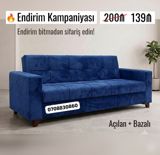 Mavi rəngdə, açılan və bazalı divan. - Funksionallıq: çevrilərək — Mebel