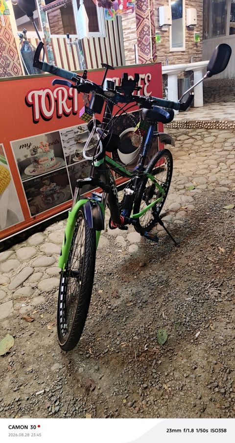 Yaşıl-qara rəngli şəhər/trek tipli velosiped. Velosiped uzadılmış — Masallı