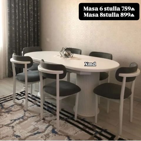 Oval yemək masası dəsti - Zərif oval formalı ağ masa, mərkəzdə — Bakı