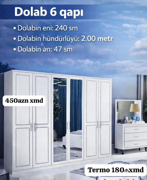 Dolab – 6 qapı - Ümumi ölçülər: eni 240 sm, hündürlüyü 2.00 m — Bakı